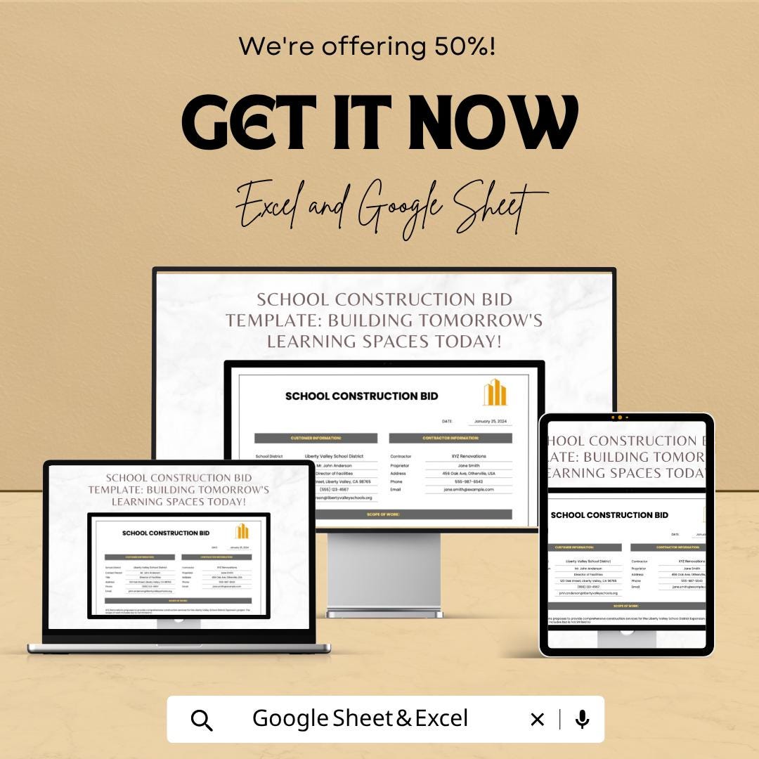 School Construction Bid Template | Construction Bid Spreadsheet | Contractor Proposal Template | Excel & Google Sheets |