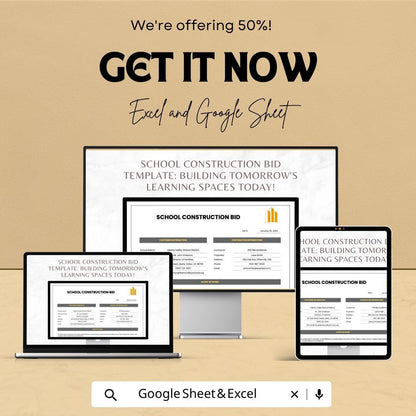 School Construction Bid Template | Construction Bid Spreadsheet | Contractor Proposal Template | Excel & Google Sheets |