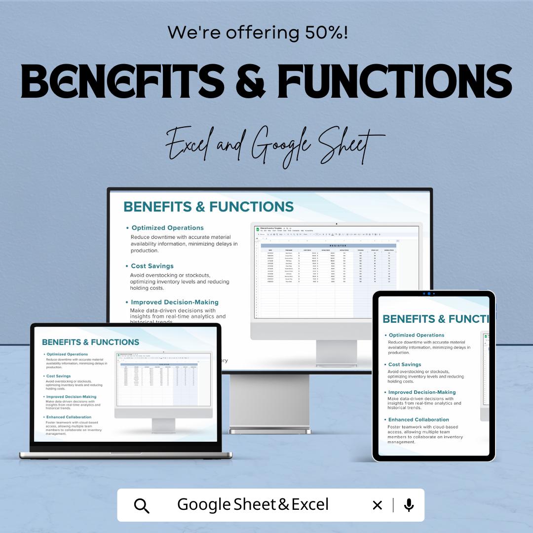 Material Inventory Template | Excel & Google Sheets Material Tracker | Stock Management Spreadsheet | Raw Material Inventory Log