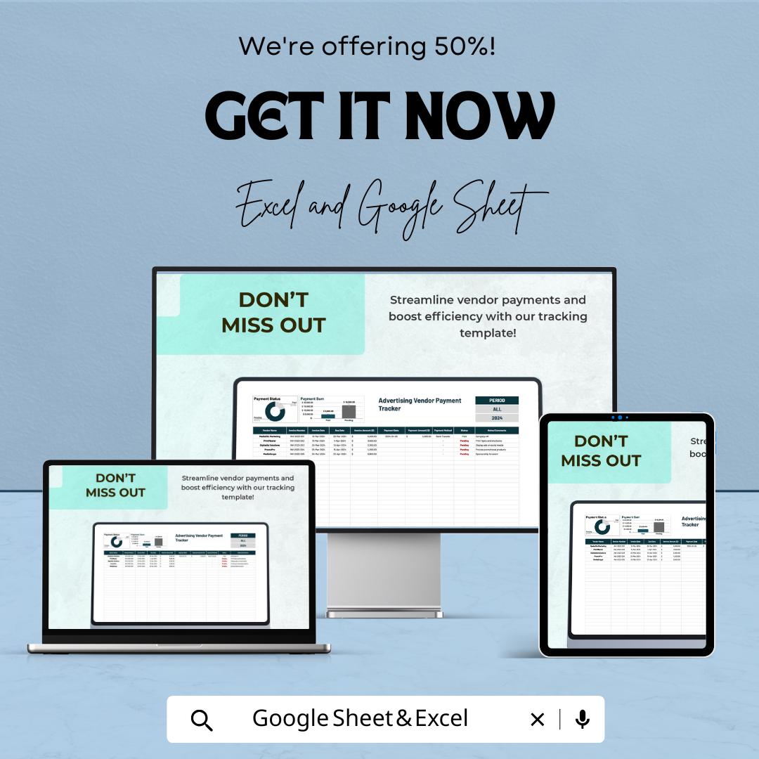 Advertising Vendor Payment Tracker Template, Marketing Expense Spreadsheet, Invoice & Payment Log, ROI Budget Tracker