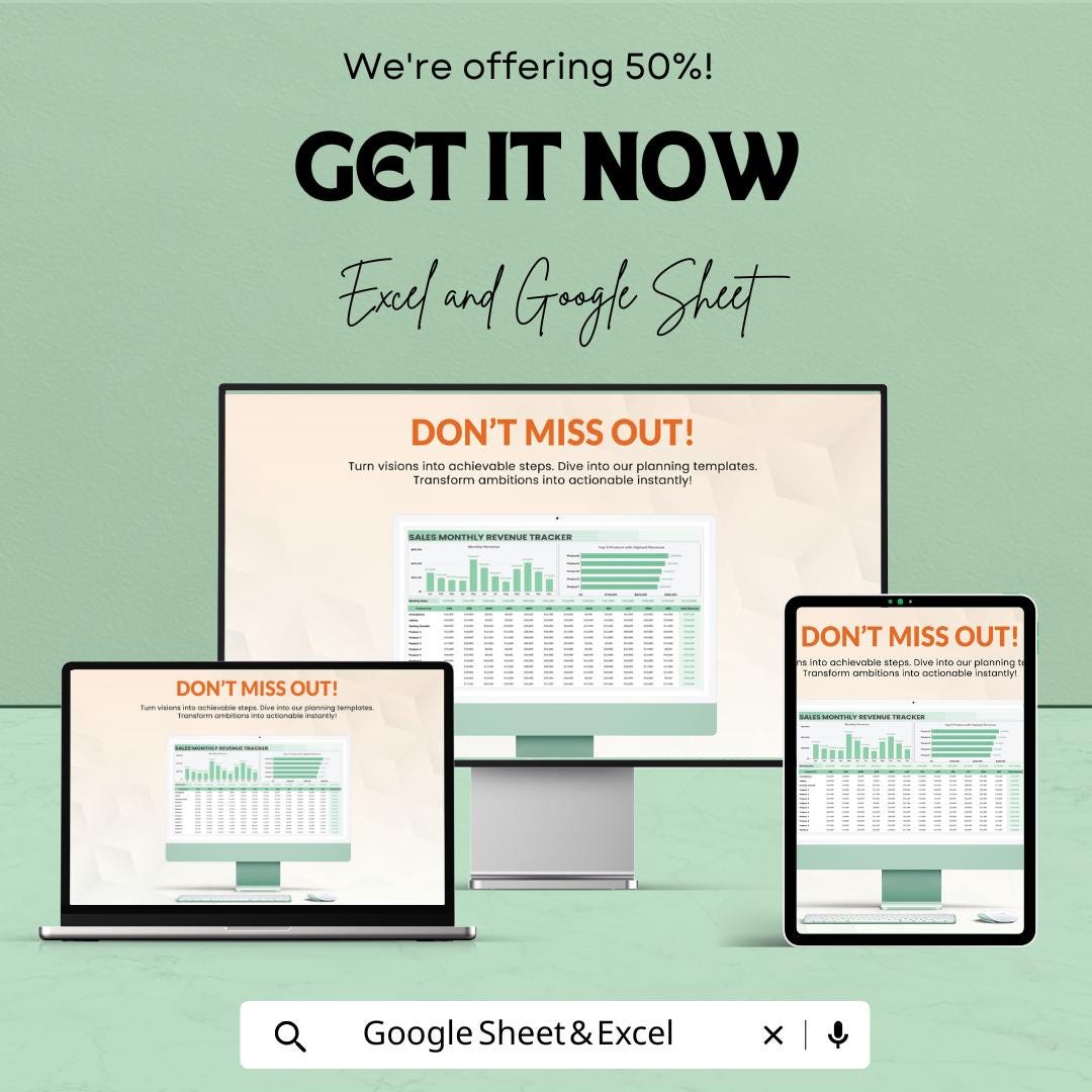 Sales Monthly Revenue Tracker Template | Excel & Google Sheets | Business Income Tracker | Monthly Sales Dashboard | Finance Planner