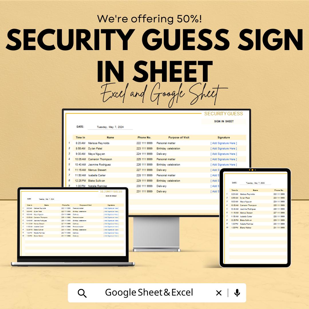 Security Guest Sign-in Sheet | Google Sheets Template | Track Visitor Details | Sign-In Log for Premises Security | Event Guest Management