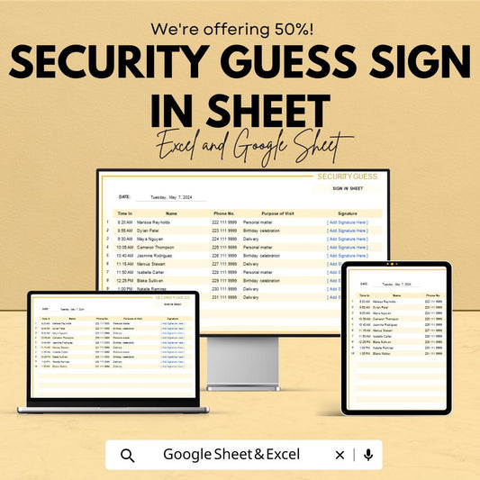 Security Guest Sign-in Sheet | Google Sheets Template | Track Visitor Details | Sign-In Log for Premises Security | Event Guest Management