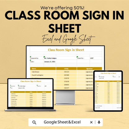 Class Room Sign In Sheet - Excel & Google Sheets | Student Attendance Tracker, Signature Log, Classroom Management