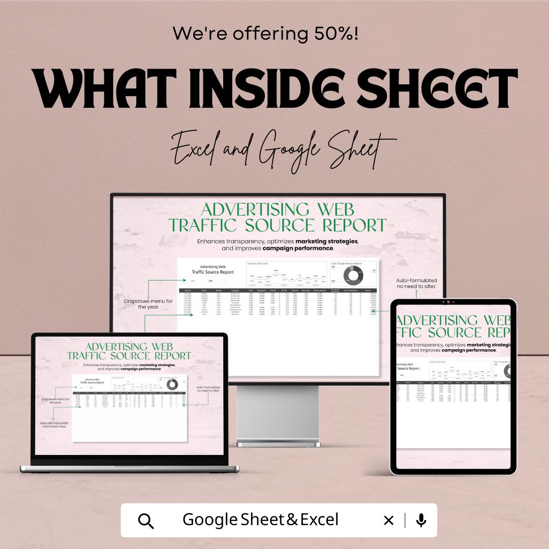 Advertising Web Traffic Source Report Template | Marketing Analytics Dashboard | Traffic Source Tracker | Excel and Google Sheets