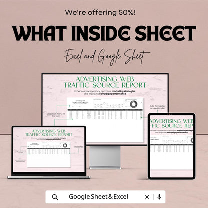 Advertising Web Traffic Source Report Template | Marketing Analytics Dashboard | Traffic Source Tracker | Excel and Google Sheets