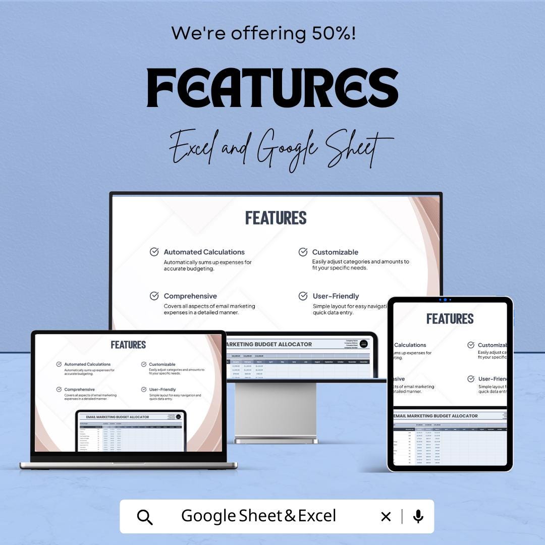 50% OFF - Email Marketing Budget Allocator Sheet - Excel & Google Sheets | Manage and Track Email Marketing Budgets | Customizable |