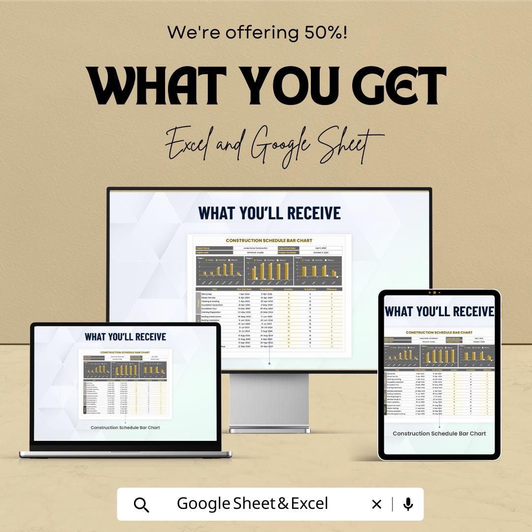 Construction Schedule Bar Chart Template | Project Timeline Planner | Gantt Style Tracker | Contractor Project Management Tool