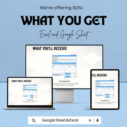 Printable Bill Template - Excel and Google Sheets, Customizable Invoice Bill, Professional Billing Sheet, Tax & Quantity Tracker