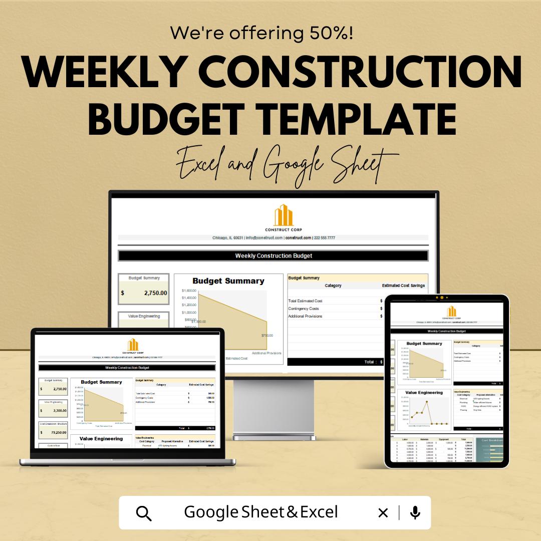 Weekly Construction Budget Template | Excel & Google Sheets Construction Cost Tracker | Weekly Job Cost Budget | Contractor Budget sheet