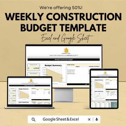 Weekly Construction Budget Template | Excel & Google Sheets Construction Cost Tracker | Weekly Job Cost Budget | Contractor Budget sheet