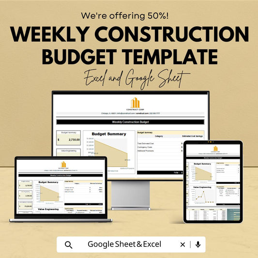 Weekly Construction Budget Template | Excel & Google Sheets Construction Cost Tracker | Weekly Job Cost Budget | Contractor Budget sheet