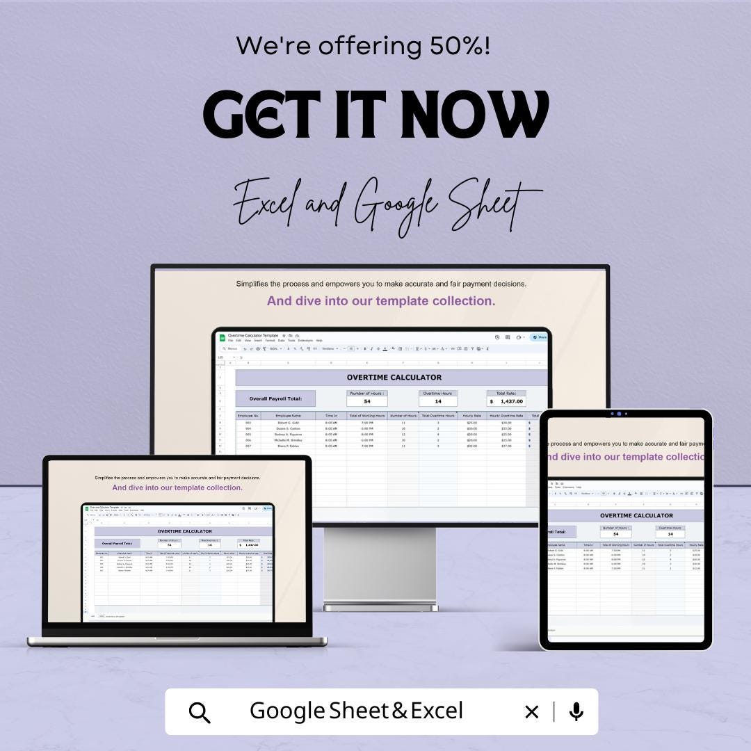 Overtime Calculator Sheet | Excel & Google Sheet Template | Payroll Management Tool | Time Tracker | Employee Overtime Tracker