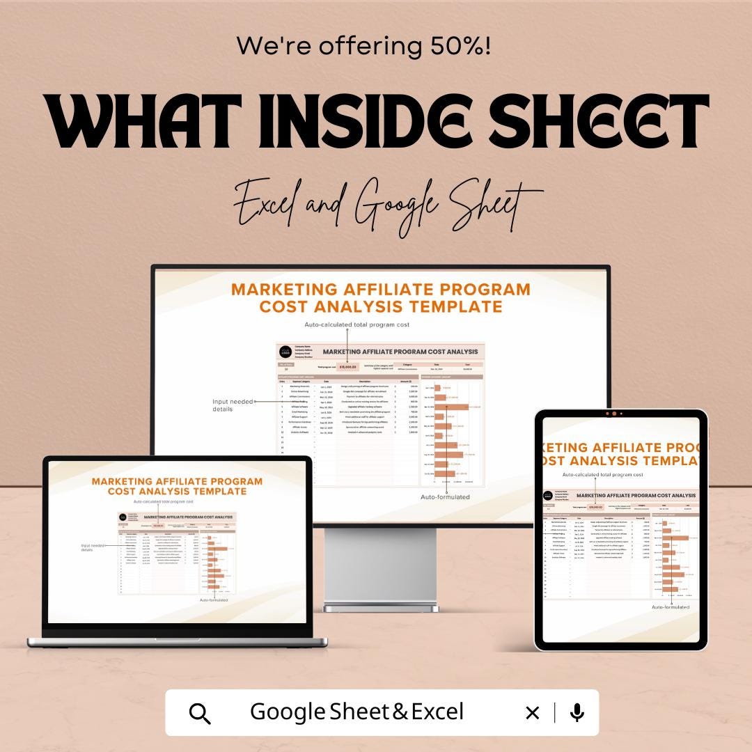 Marketing Affiliate Program Cost Analysis Template | Affiliate Expense Tracker | Marketing Cost Tracker | Affiliate ROI Analysis