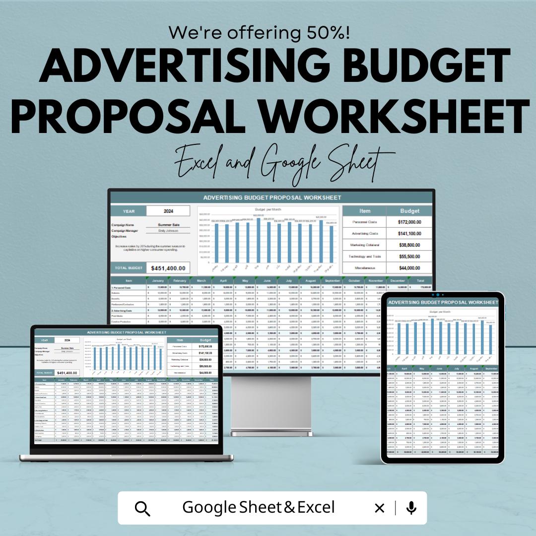 Advertising Budget Proposal Worksheet | Excel and Google Sheets Template | Budget Planner for Marketing & Advertising Campaigns |