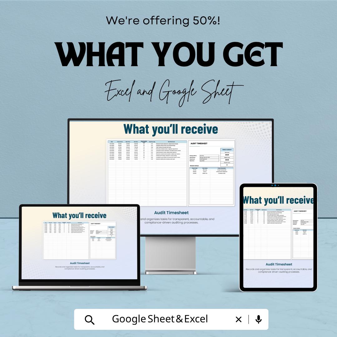 Audit Timesheet Template | Auditor Time Tracking Sheet | Compliance & Activity Log | Excel and Google Sheets | Audit Work Tracker