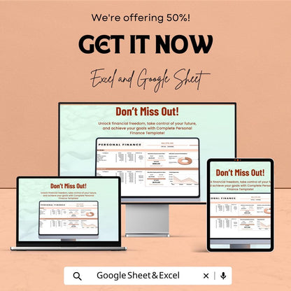 Complete Personal Finance Sheet - Excel and Google Sheets Template for Budgeting, Tracking Income & Expenses - 50% Off