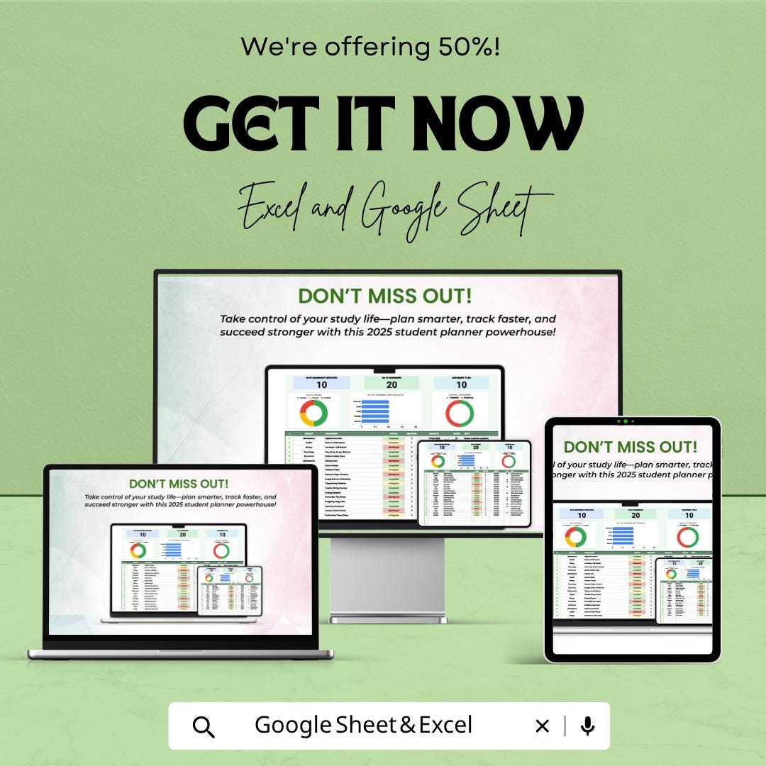 Student Assignment Planner Template | Assignment Tracker Spreadsheet | Study Planner | Homework Task Organizer | Deadline Tracker
