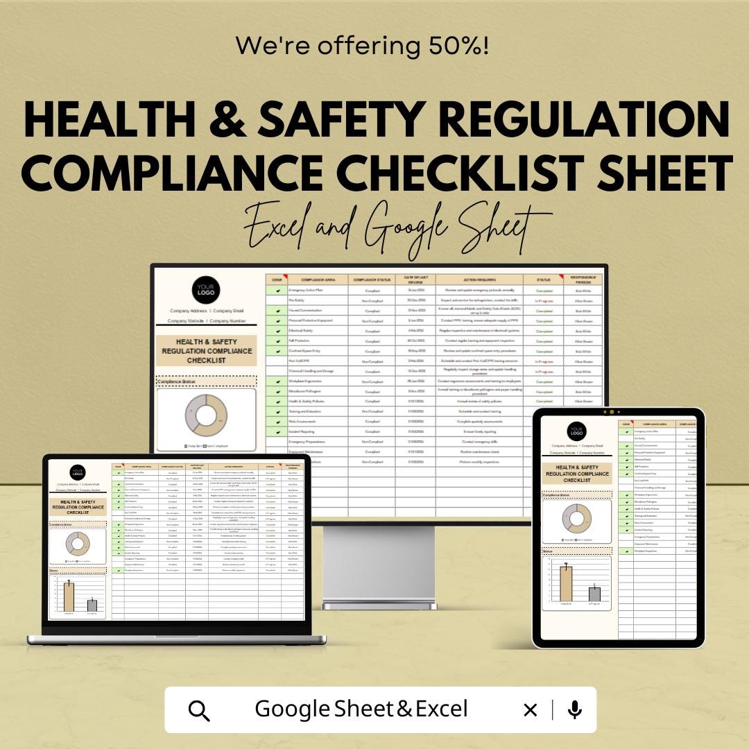Health & Safety Regulation Compliance Checklist Sheet | Excel and Google Sheets | OSHA Compliance, Workplace Safety