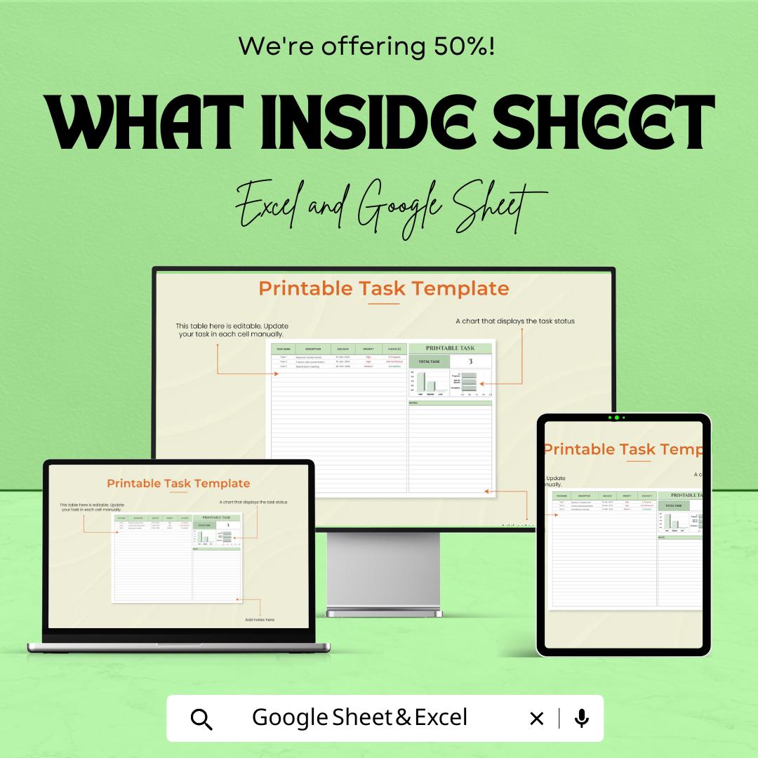 Printable Task Sheet - Task Planner Template, Excel & Google Sheets, Printable Daily Planner, Track Your Tasks and Deadlines