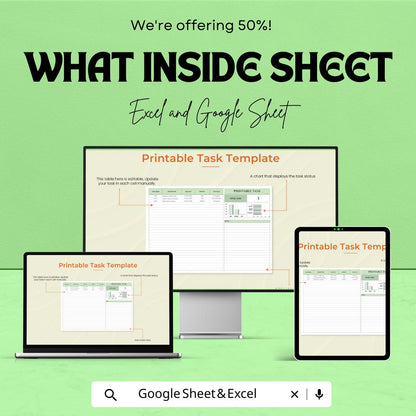 Printable Task Sheet - Task Planner Template, Excel & Google Sheets, Printable Daily Planner, Track Your Tasks and Deadlines