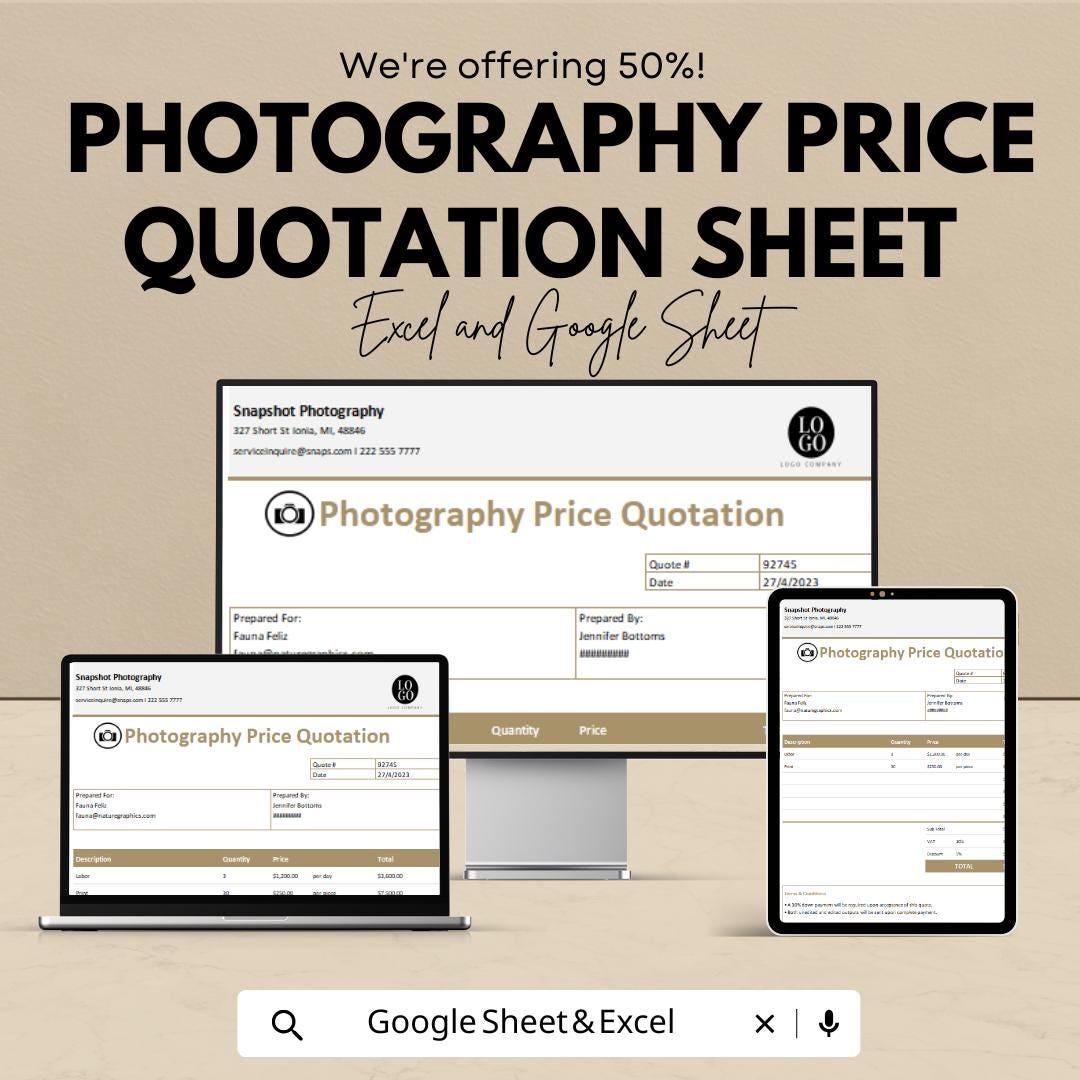 Photography Price Quotation Sheet Template | Excel & Google Sheets | Photography Quote Form | Service Estimate Template | Digital Download