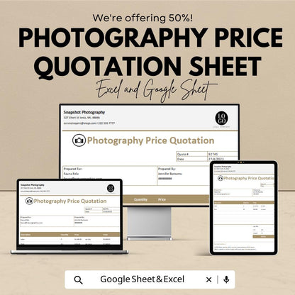 Photography Price Quotation Sheet Template | Excel & Google Sheets | Photography Quote Form | Service Estimate Template | Digital Download