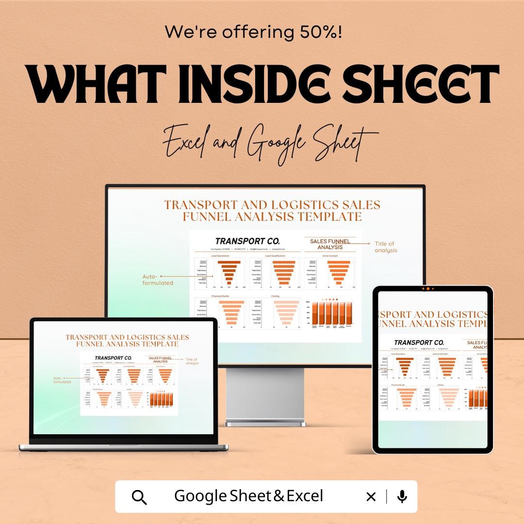 Sales Funnel Analysis Template | Transport and Logistics Lead Tracker | Google Sheet & Excel Funnel KPI Dashboard | B2B Sales Report