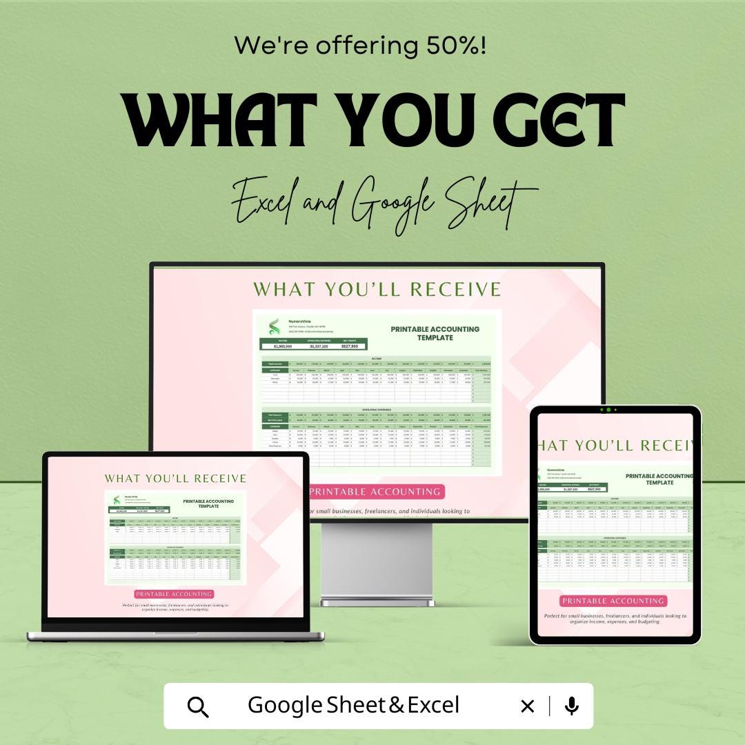 50% Off - Printable Accounting Sheet for Excel and Google Sheets | Monthly Financial Tracker | Income & Expense Template | Budget Planner |