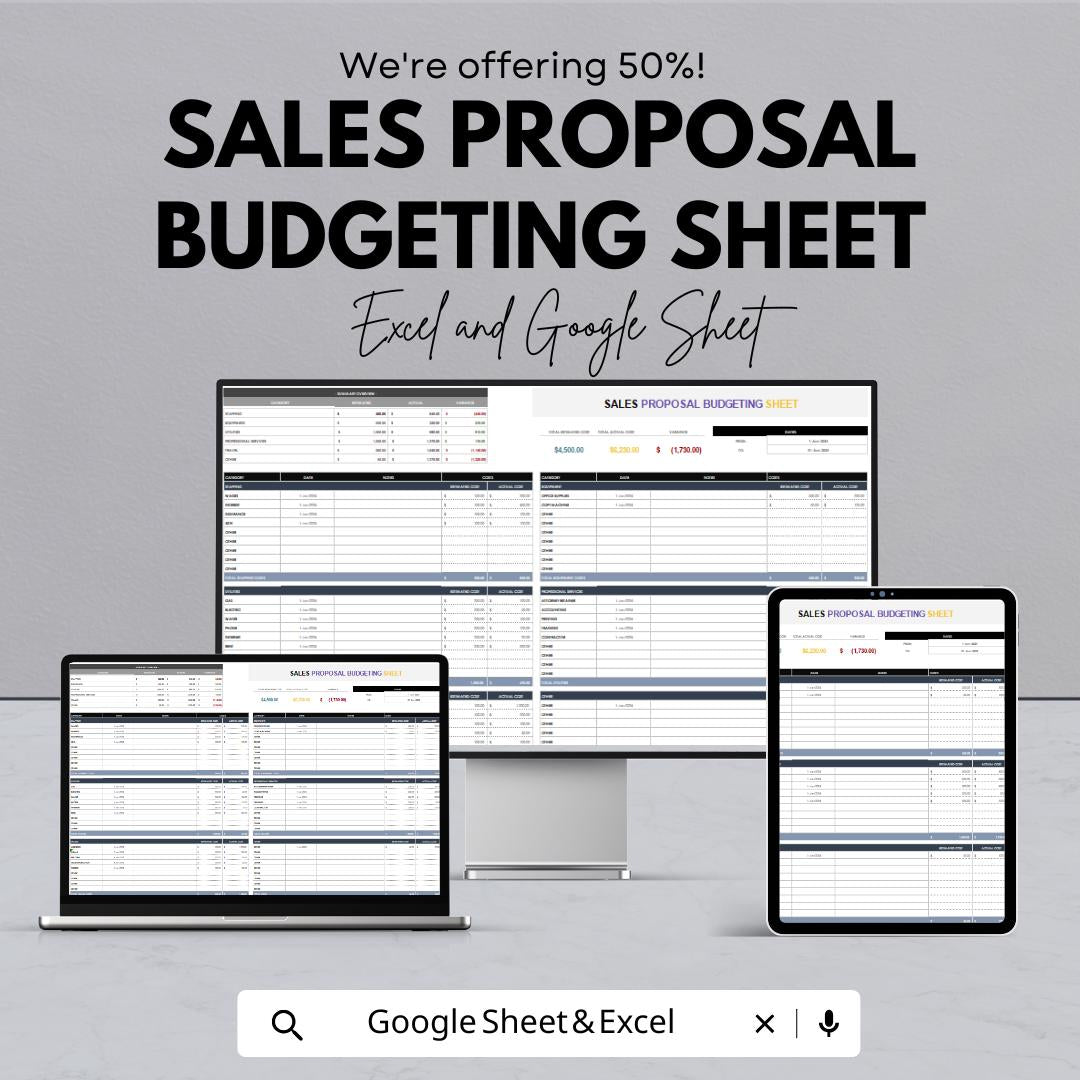 Sales Proposal Budgeting Sheet | Google Sheets & Excel | Expense Tracker | Revenue Forecast | Resource Allocation | Sales Budget Planner