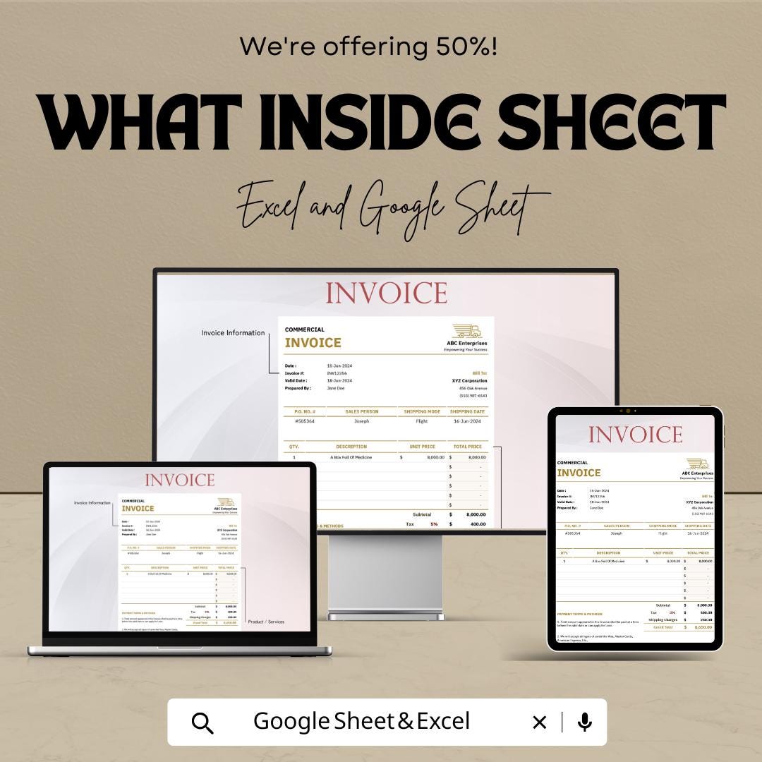 Simple Commercial Invoice Sheet | Google Sheets | Template | Editable Billing Invoice | Business Invoice Format | Printable Invoice Form