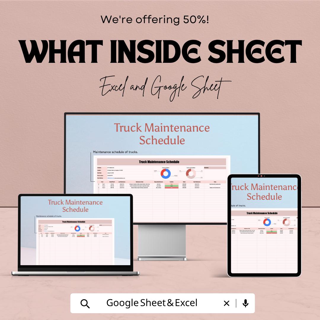 Truck Maintenance Schedule Template | Fleet Maintenance Tracker Google Sheets | Vehicle Service Log | Truck Maintenance Log Planner