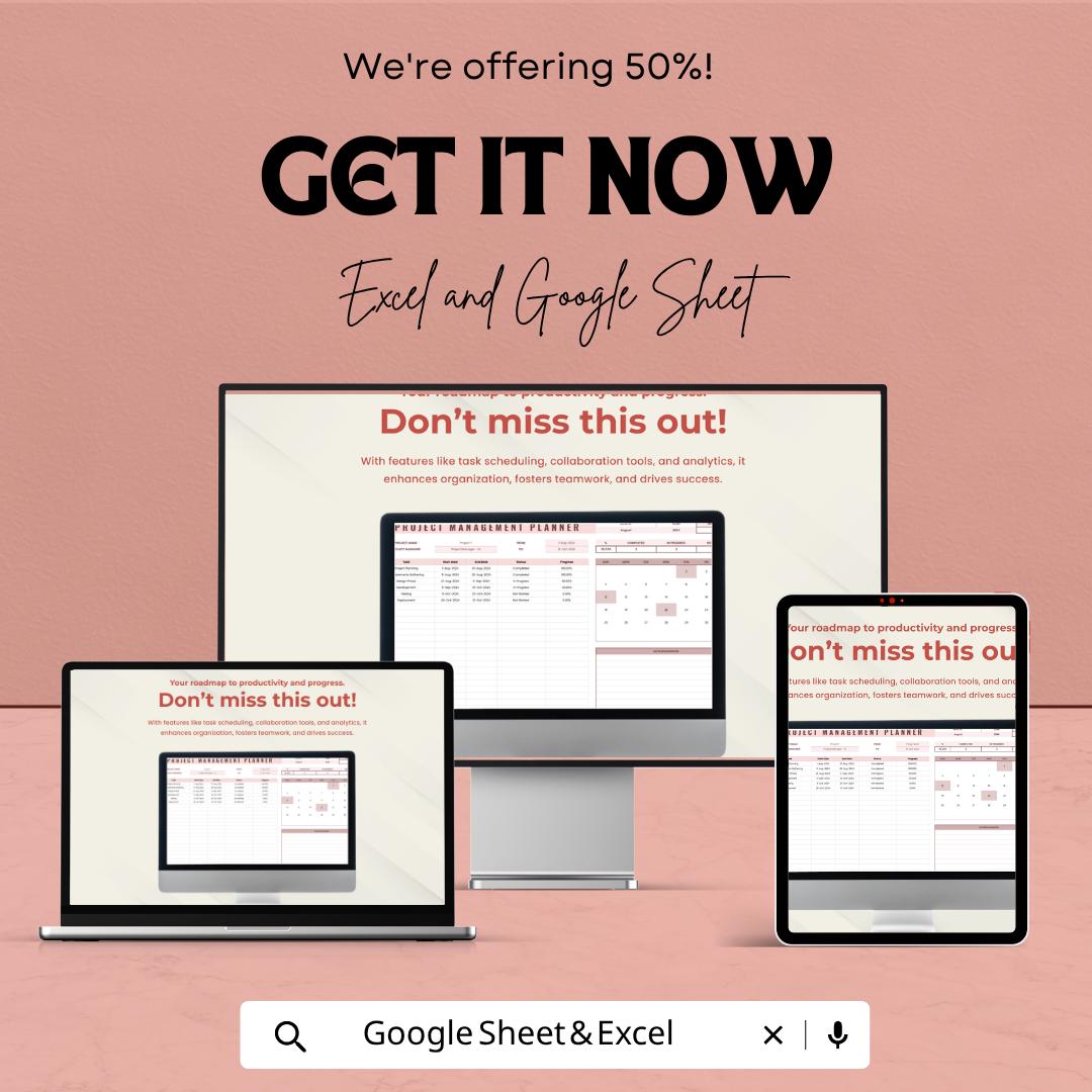 Project Management Planner Template | Project Tracker Spreadsheet | Task Management Dashboard | Excel & Google Sheets | Project Planning