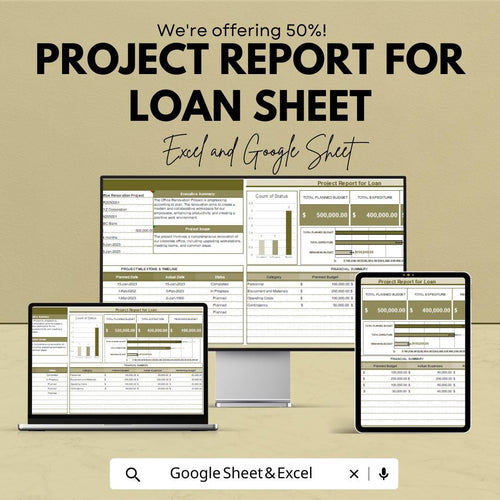 Project Report for Loan | Excel & Google Sheets | Budget, Financial Summary, Timeline | Loan Approval Tracking | Project Management Template