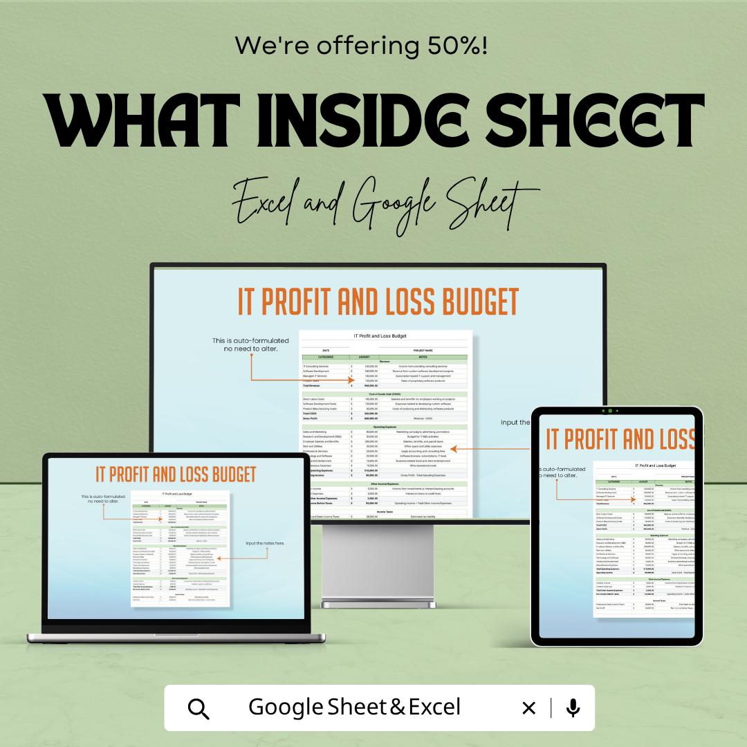 IT Profit and Loss Template | Profit and Loss Statement | Business Budget Spreadsheet | Financial Planning Tracker