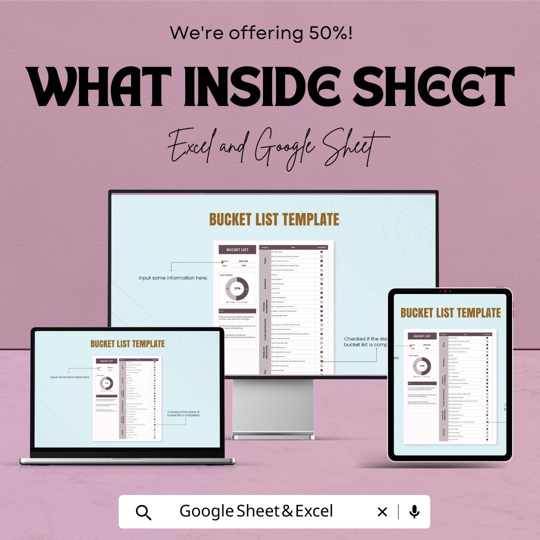 Bucket List Sheet Template | Digital Download | Google Sheets & Excel | Goal Tracker | Travel Planner | Editable Checklist