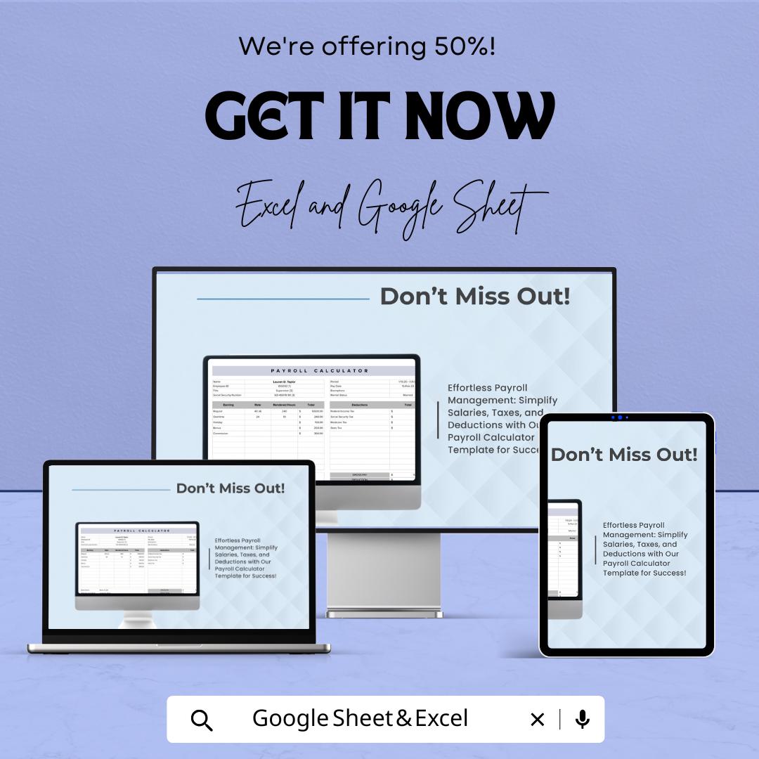 Payroll Calculator Sheet | Excel & Google Sheet | Calculate Earnings, Taxes, Deductions, and More | Easy-to-Use Payroll Management Template