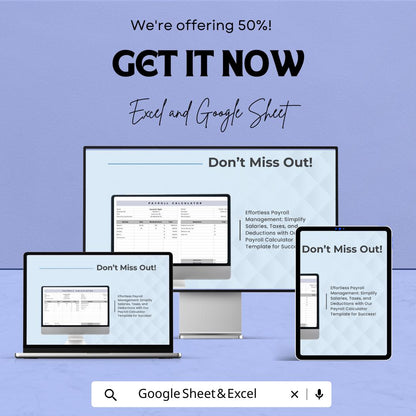 Payroll Calculator Sheet | Excel & Google Sheet | Calculate Earnings, Taxes, Deductions, and More | Easy-to-Use Payroll Management Template