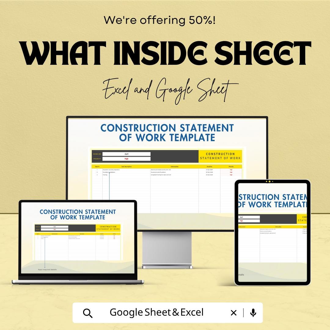 Construction Statement of Work Template | SOW Template | Project Scope Tracker | Construction Planner | Task & Timeline Sheet