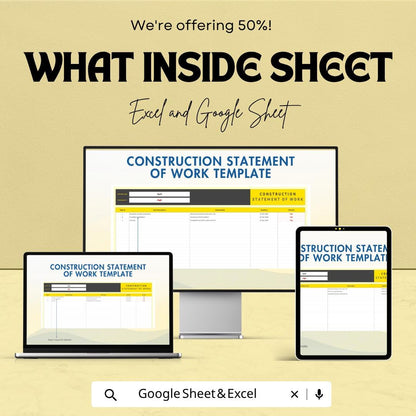 Construction Statement of Work Template | SOW Template | Project Scope Tracker | Construction Planner | Task & Timeline Sheet
