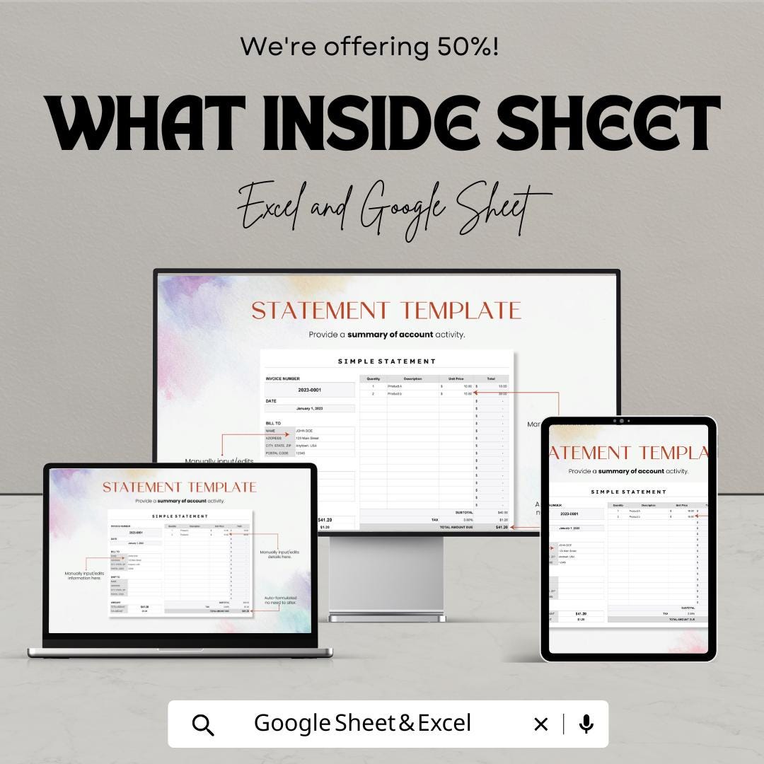 Simple Statement Sheet | Excel and Google Sheets Template | Printable Statement Form | Business Finance & Invoice Tracker |