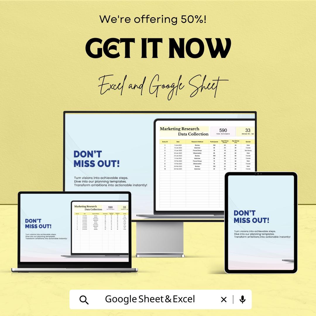 Marketing Research Data Collection Sheet | Google Sheets Template | Track Participants, Data, and Results | Easy Data Entry and Analysis