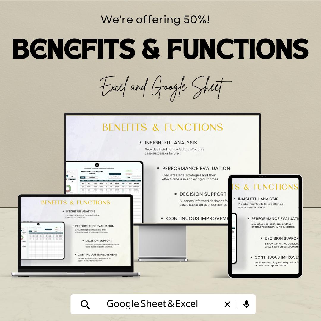 Legal Client Case Outcome Analysis Sheet | Google Sheets | Track Legal Cases & Client Outcomes | Data Analytics Template for Law Firms