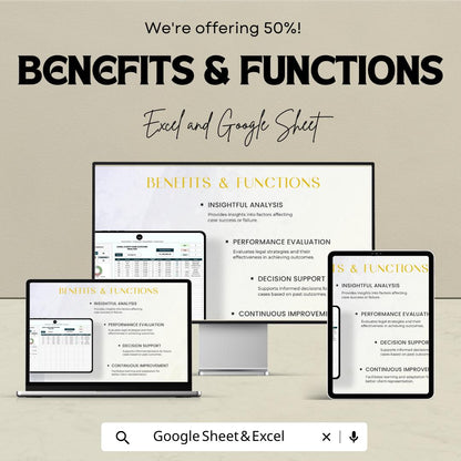 Legal Client Case Outcome Analysis Sheet | Google Sheets | Track Legal Cases & Client Outcomes | Data Analytics Template for Law Firms
