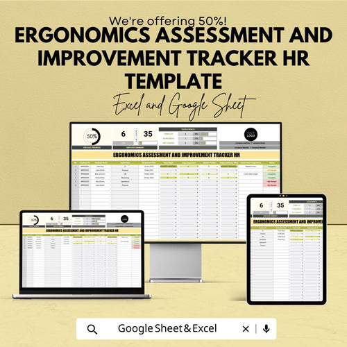 Ergonomics Assessment and Improvement Tracker HR Template | Employee Ergonomics Evaluation | Workplace Safety Tracker