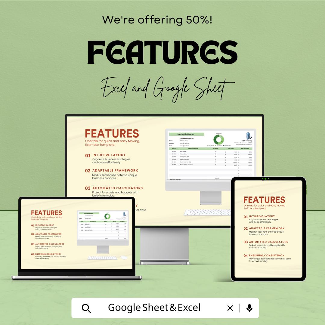 Moving Estimate Sheet - Excel and Google Sheets | Moving Cost Calculator | Moving Estimate Template | Household & Office Move | 50% OFF
