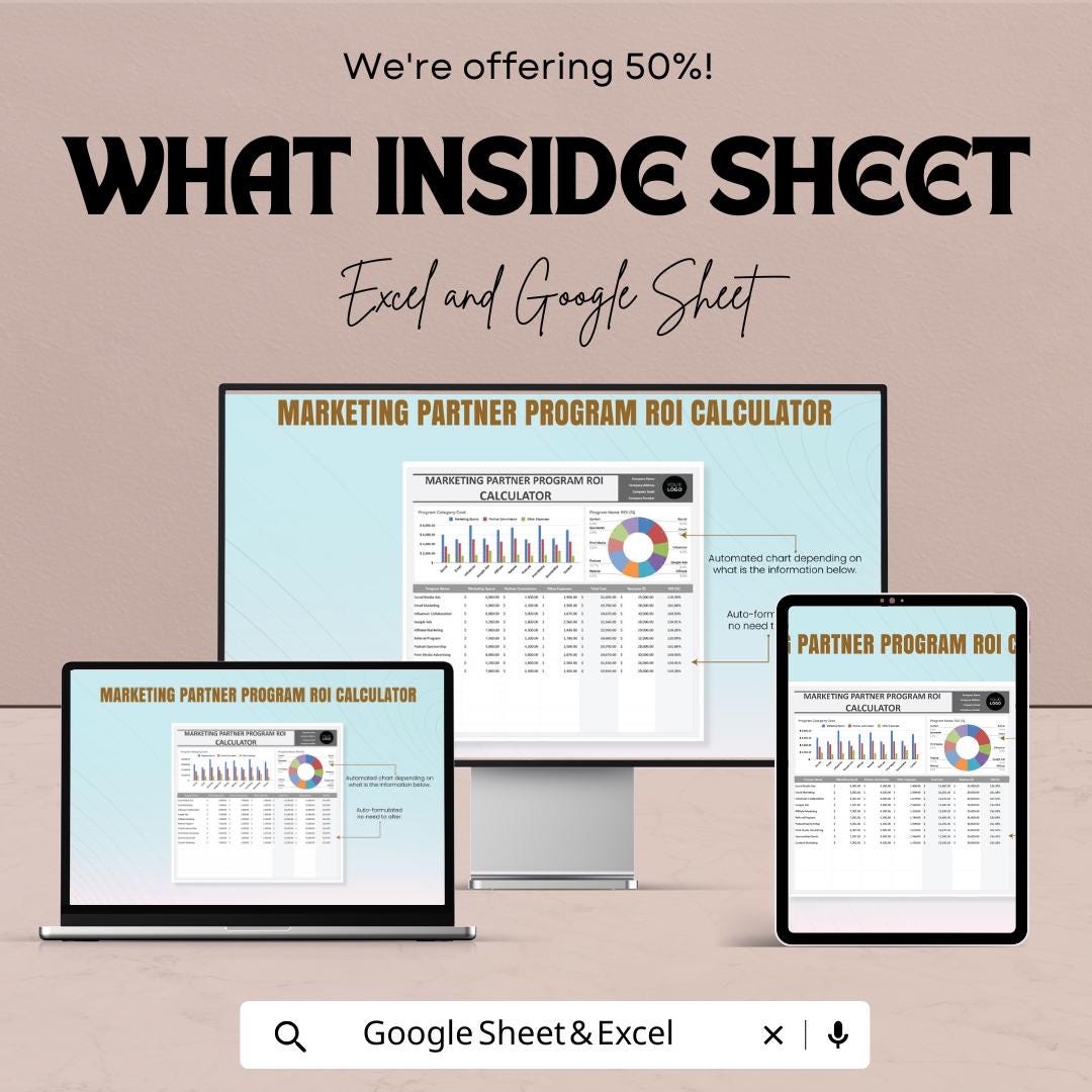 Marketing Partner Program ROI Calculator Template | ROI Analysis Spreadsheet | Marketing Cost Tracker |  Business KPI Tool