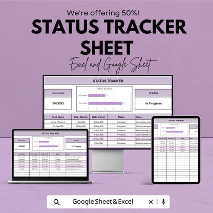 Status Tracker Sheet for Google Sheets - Task Progress Tracker, Project Management Template, Task List Tracker, Productivity Tracker,