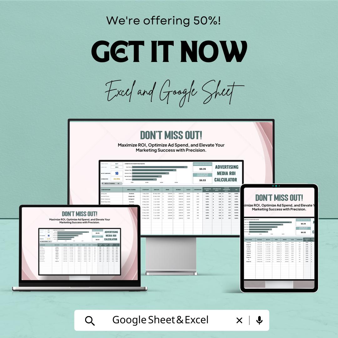 Advertising Media ROI Calculator Template | Excel & Google Sheets | Marketing ROI Calculator | Ad Performance Analysis Worksheet |