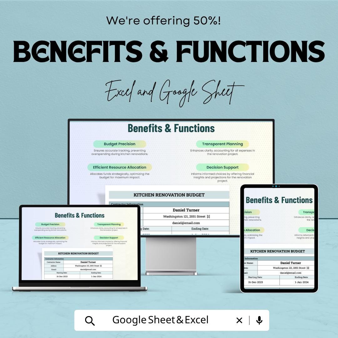 Kitchen Renovation Budget Template Excel Google Sheets | Home Remodel Budget Planner | Kitchen Remodel Cost Tracker | Contractor Expense